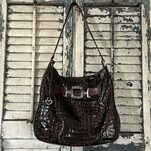 Brighton Patent Crocodile Vintage Croc Embossed Purse Brown Leather Shoulder Bag - Picture 1 of 14